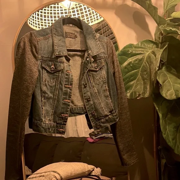Size Medium Disressed Jean Jacket with Fabric Sleeves - Picture 1 of 2